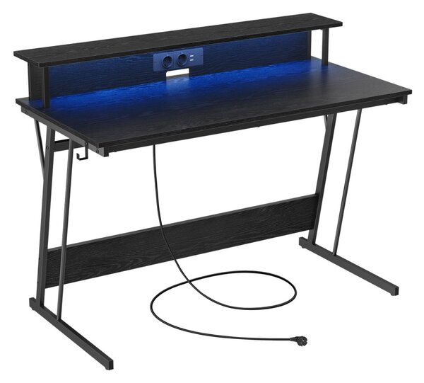 Számítógép asztal, gaming asztal, beépített LED fénnyel és elosztóval, fekete, 60x120x76cm