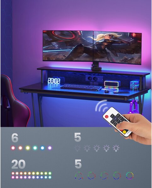 Számítógép asztal, gaming asztal, beépített LED fénnyel és elosztóval, fekete, 60x120x76cm