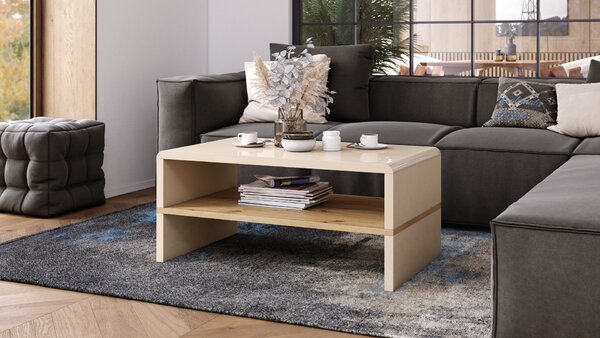 Mazzoni ROCK Bézs Fényes / Artisan Tölgy - MODERN DOHÁNYZÓASZTAL POLCCAL