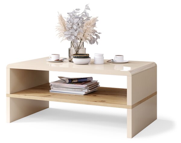 Mazzoni ROCK Bézs Fényes / Artisan Tölgy - MODERN DOHÁNYZÓASZTAL POLCCAL