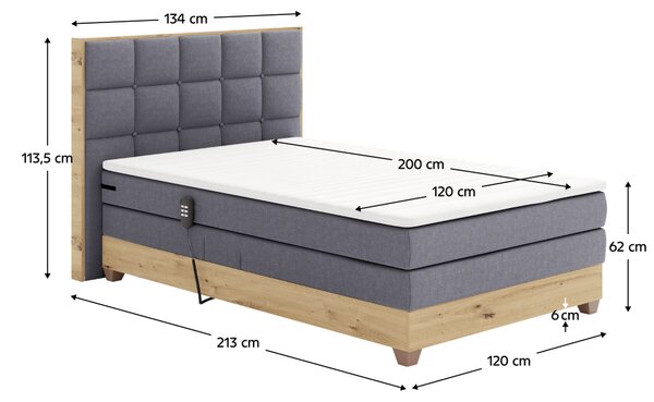 KONDELA Elektromos állítható ágy, boxspring, sötétszürke/artisan tölgy, 120x200, TIANA