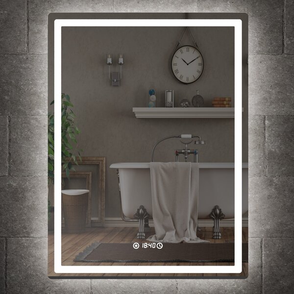 60x80cm álló fürdőszobai LED tükör | Óra - Fényerő és színhőmérséklet szabályozás