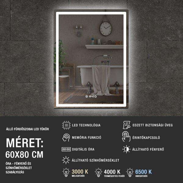 60x80cm álló fürdőszobai LED tükör | Óra - Fényerő és színhőmérséklet szabályozás