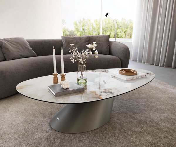 DELIFE Dohányzóasztal Edge ovális 140x75 cm kerámia Minas melange Conis fém titán színű effektfinish
