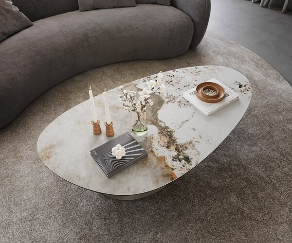 DELIFE Dohányzóasztal Edge ovális 140x75 cm kerámia Minas melange Conis fém titán színű effektfinish
