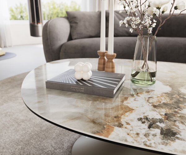 DELIFE Dohányzóasztal Edge ovális 140x75 cm kerámia Minas melange Conis fém titán színű effektfinish