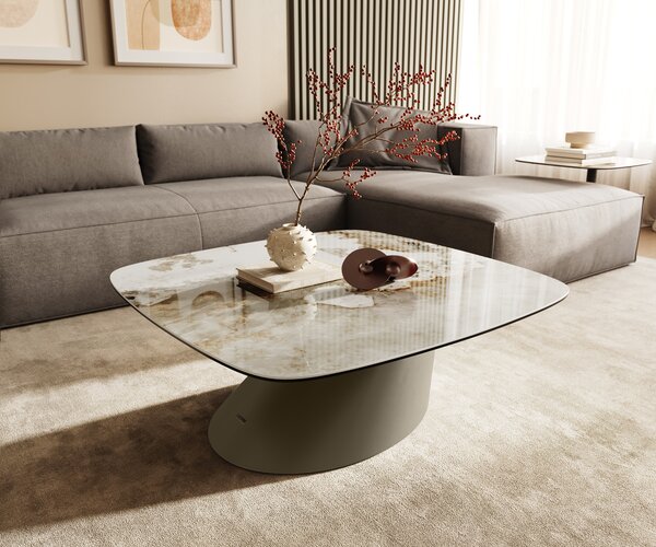 DELIFE Dohányzóasztal Edge hajóformájú 90x90 cm kerámia Minas melange Conis fém titán színű effektfinish