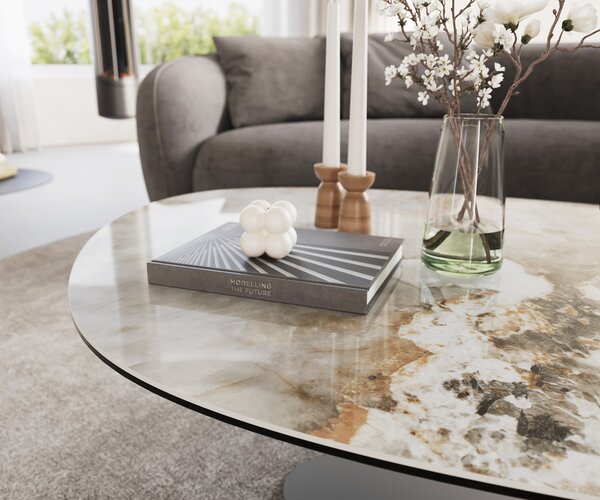 DELIFE Dohányzóasztal Edge ovális 140x75 cm kerámia Minas Melange Vibany fém titán színű effektfinish