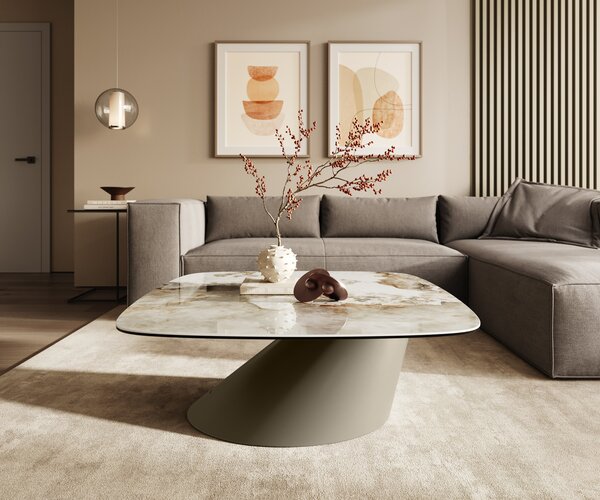 DELIFE Dohányzóasztal Edge hajóformájú 90x90 cm kerámia Minas melange Conis fém titán színű effektfinish