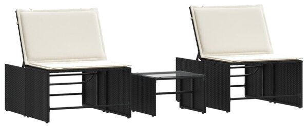 2 db fekete polyrattan moduláris napozóágy asztallal