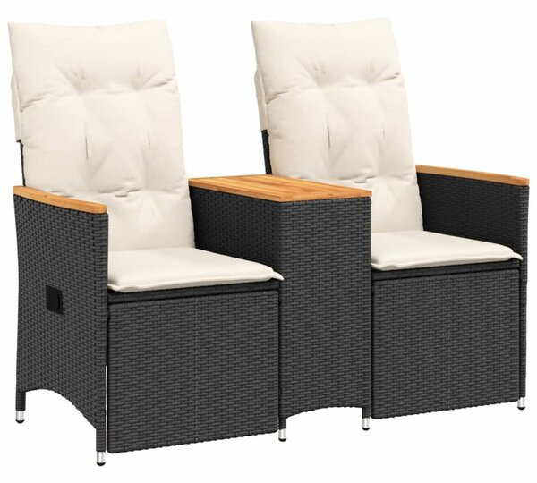 2 személyes fekete polyrattan dönthető kerti kanapé asztallal