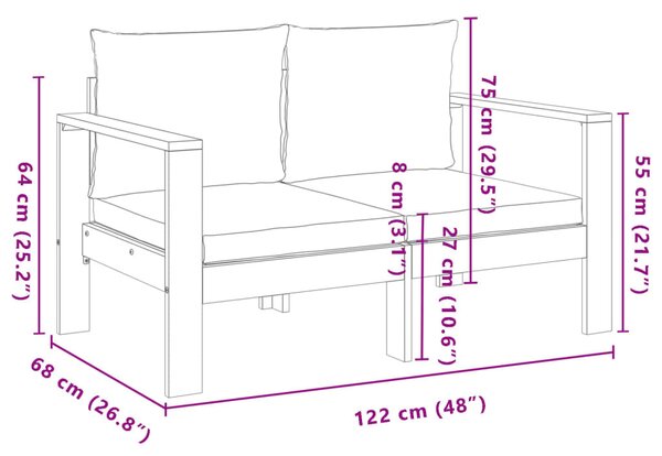 2 személyes tömör akácfa kerti kanapé párnával