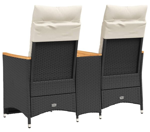 2 személyes fekete polyrattan dönthető kerti kanapé asztallal