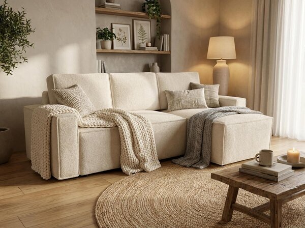 SMART BOUCLE L alakú kihúzható, megfordítható sarokkanapé 232x143 cm, krém