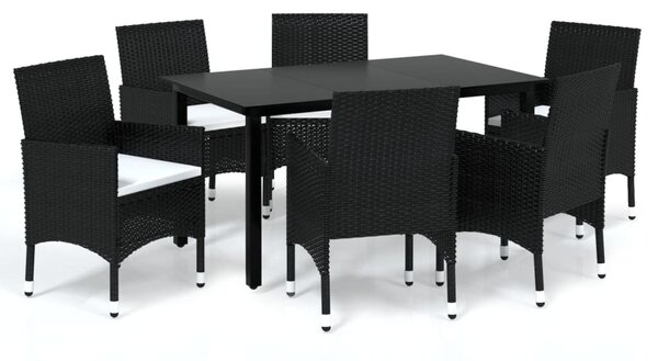 7 részes fekete polyrattan kerti étkezőgarnitúra párnákkal