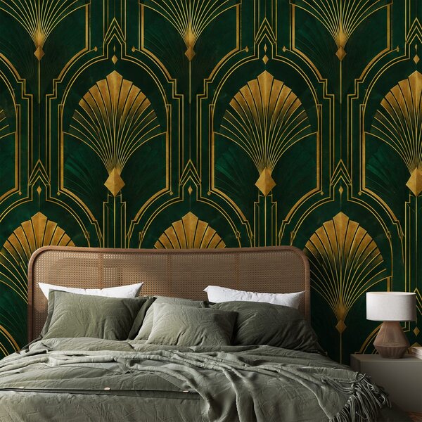Fotótapéta arany art deco legyezők zöld alapon