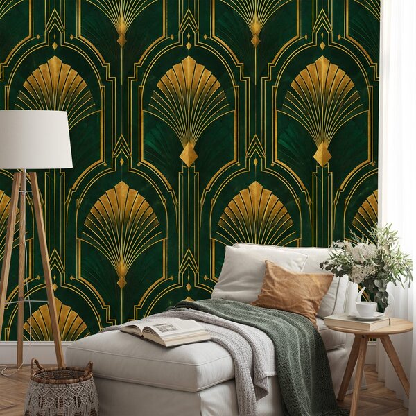 Fotótapéta arany art deco legyezők zöld alapon
