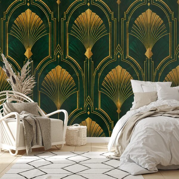 Fotótapéta arany art deco legyezők zöld alapon