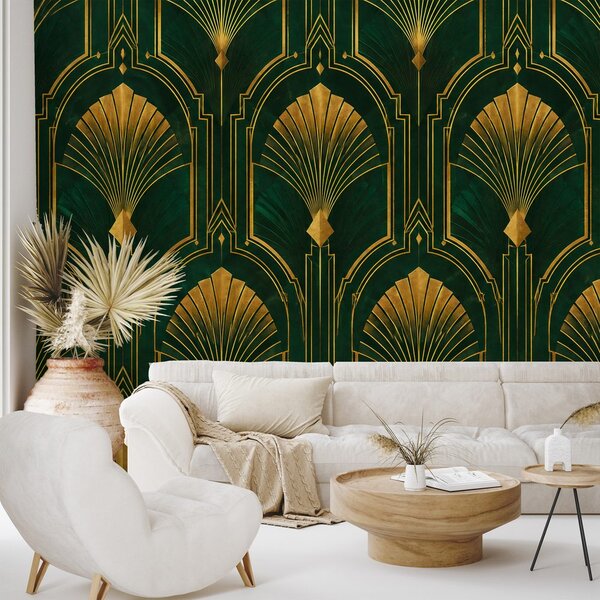 Fotótapéta arany art deco legyezők zöld alapon