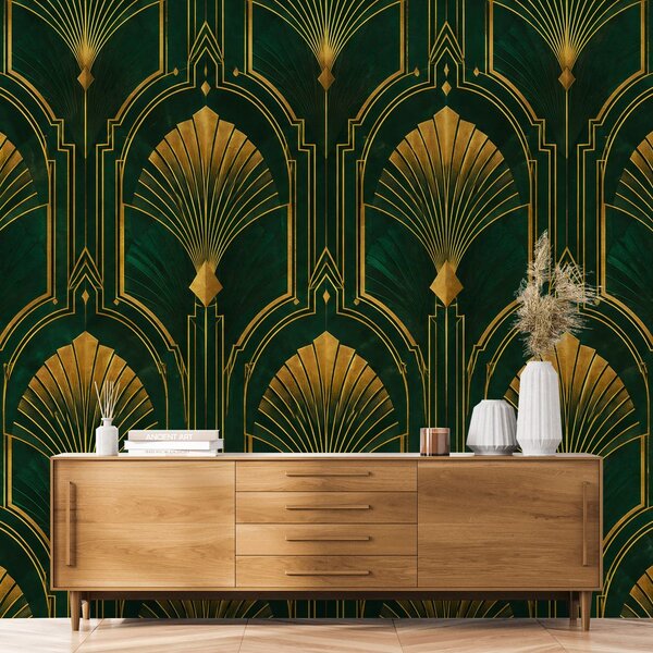 Fotótapéta arany art deco legyezők zöld alapon