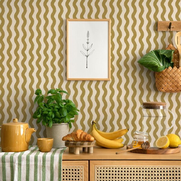 Tapéta Hullámos sárga mintázat krém színű alapon, Tapétá geometria, Tapétá geometria csíkok, a01188v5 : Uwalls.hu