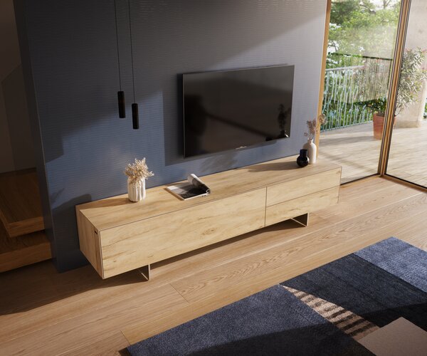 DELIFE TV szekrény Cuor 220 cm kerámia Laminam® Sabbia tölgyszínű 1 billenő ajtó 2 fiókos láb lebegő rozsdamentes acél