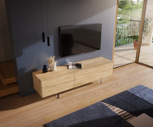 DELIFE TV szekrény Cuor 180 cm kerámia Laminam® Sabbia tölgyszínű 1 billenő ajtó 2 fiókos rekesz lebegő láb akrilüveg
