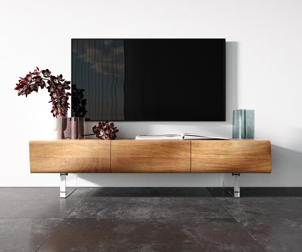 DELIFE TV szekrény New Live-Edge 145 cm akác természetes 3 ajtós akril láb