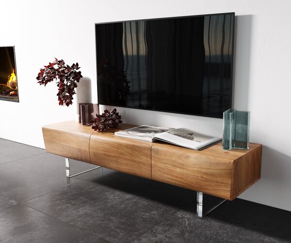 DELIFE TV szekrény New Live-Edge 145 cm akác természetes 3 ajtós akril láb
