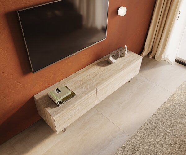 DELIFE TV szekrény Cuor 180 cm Laminam® kerámia Travertino Bianco krémfehér 1 billenő ajtó 2 fiókos rakodófelület lebegő láb akrilüveg