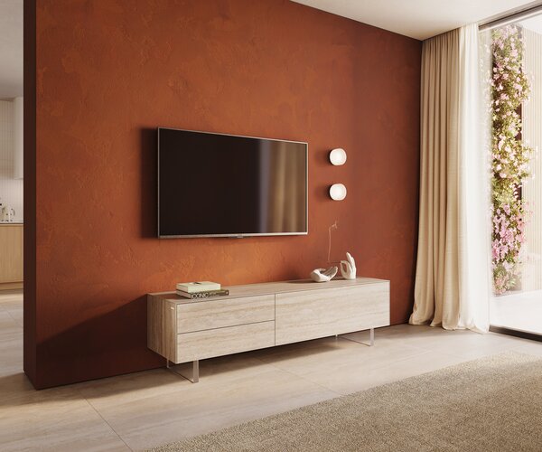 DELIFE TV szekrény Cuor 180 cm Laminam® kerámia Travertino Bianco krémfehér 1 billenő ajtó 2 fiókos rakodófelület lebegő láb akrilüveg