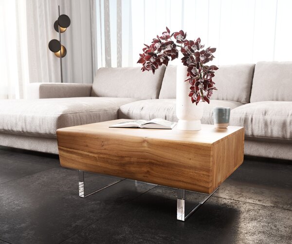 DELIFE Dohányzóasztal New Live-Edge 80x60 cm akác természetes 2 fiókos akril láb