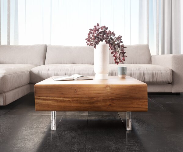 DELIFE Dohányzóasztal New Live-Edge 80x60 cm akác természetes 2 fiókos akril láb