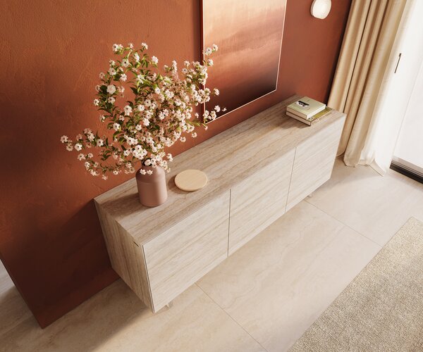 DELIFE Komód Cuor 180 cm kerámia Laminam® Travertino Bianco krémfehér 2 ajtós 3 fiókos lebegő láb akrilüveg