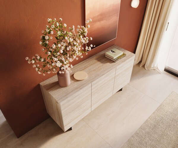 DELIFE Komód Cuor 150 cm kerámia Laminam® Travertino Bianco krémfehér 3 ajtós lebegő láb rozsdamentes acél
