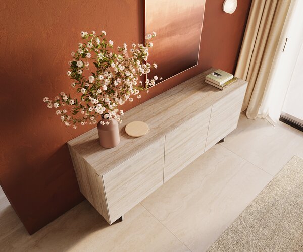 DELIFE Komód Cuor 180 cm kerámia Laminam® Travertino Bianco krémfehér 2 ajtós 3 fiókos rozsdamentes acél lebegő láb