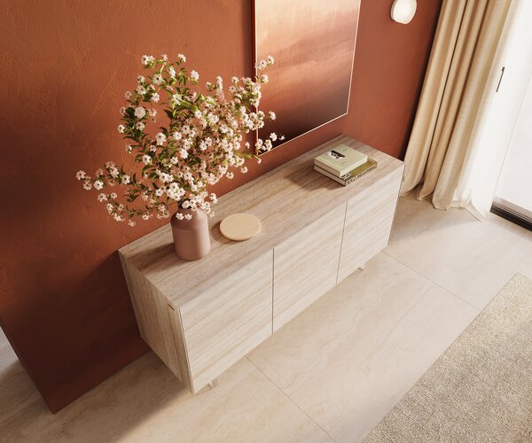 DELIFE Komód Cuor 150 cm kerámia Laminam® Travertino Bianco krémfehér 3 ajtós lebegő láb akrilüveg