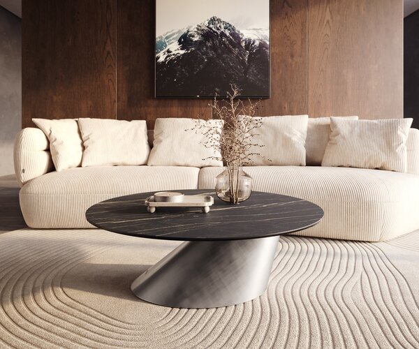 DELIFE Dohányzóasztal Edge kerek 100x100 cm Laminam® kerámia Noir Desir barna Conis metál ezüst