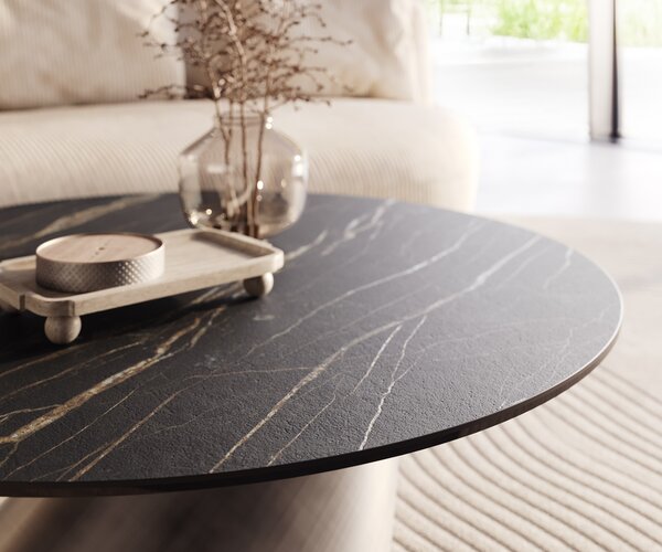 DELIFE Dohányzóasztal Edge kerek 100x100 cm Laminam® kerámia Noir Desir barna Conis metál ezüst