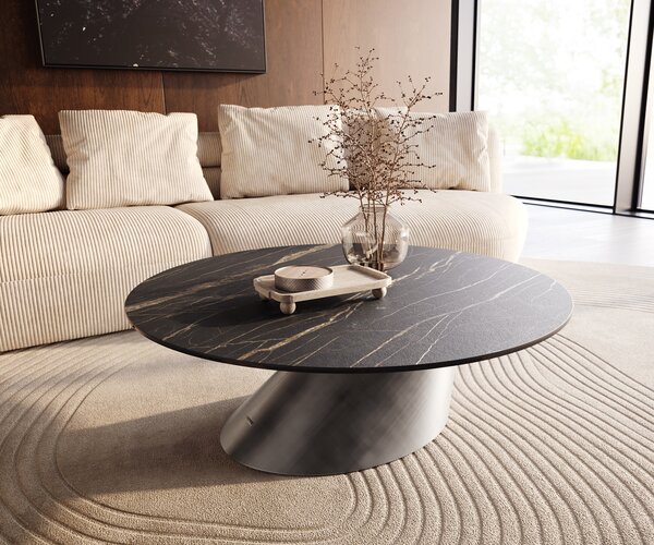 DELIFE Dohányzóasztal Edge kerek 100x100 cm Laminam® kerámia Noir Desir barna Conis metál ezüst