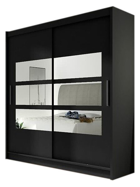 Tolóajtós Ruhás szekrény CARLA III tükörrel, 180x215x57, fekete mat