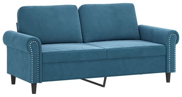 2 személyes kék bársony kanapé díszpárnákkal 140 cm