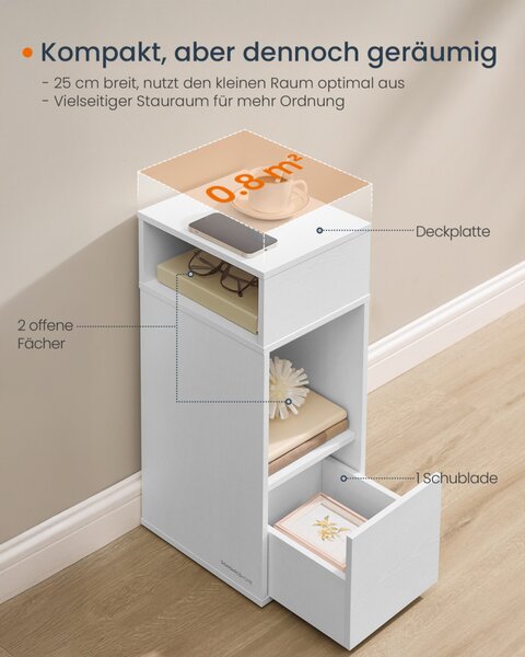 SONGMICS HOME Slim éjjeliszekrény szerszám nélküli összeszerelés 2 nyitott rekesszel és 1 fiókkal 30 x 25 x 59,4 cm fehér