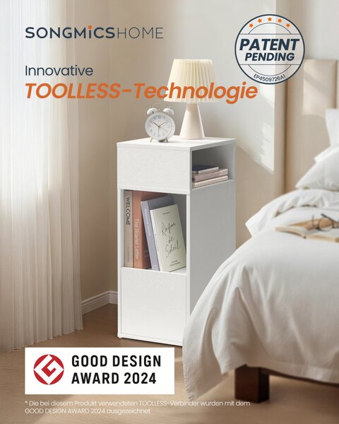 SONGMICS HOME Slim éjjeliszekrény szerszám nélküli összeszerelés 2 nyitott rekesszel és 1 fiókkal 30 x 25 x 59,4 cm fehér