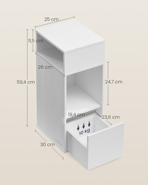 SONGMICS HOME Slim éjjeliszekrény szerszám nélküli összeszerelés 2 nyitott rekesszel és 1 fiókkal 30 x 25 x 59,4 cm fehér