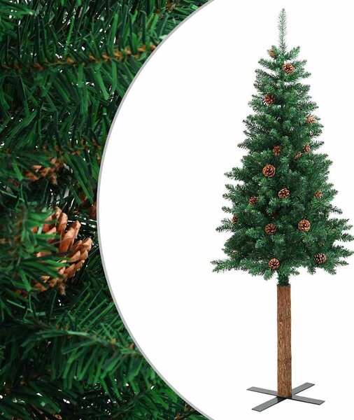 Zöld PVC vékony karácsonyfa valódi fával és tobozzal 150 cm