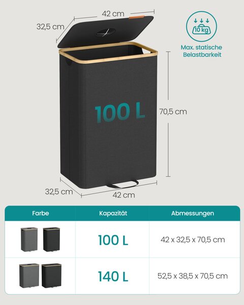 SONGMICS 100 literes szelektív hulladékgyűjtő konténer bambusz kerettel fekete-bézs