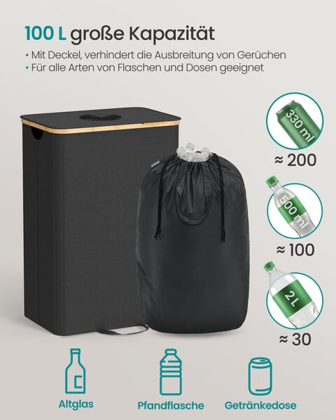 SONGMICS 100 literes szelektív hulladékgyűjtő konténer bambusz kerettel fekete-bézs