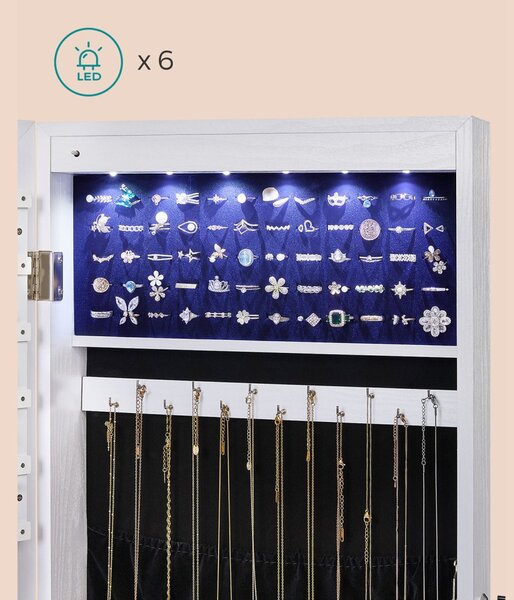 SONGMICS LED Ékszertároló Tükrös Szekrény Fehér