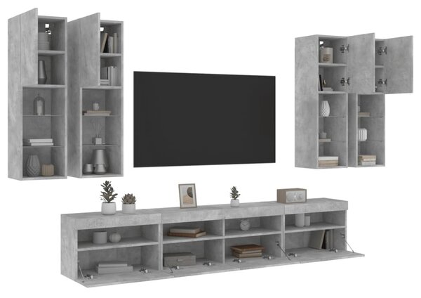 8 darabos betonszürke fali TV-szekrényszett LED-világítással